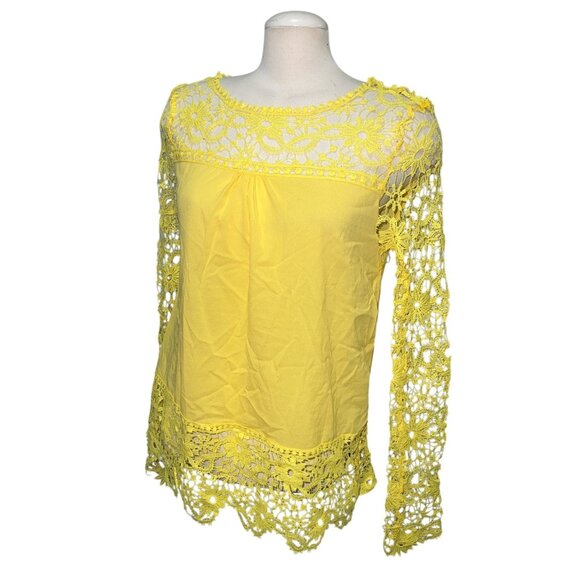 Yellow Crochet Lace Long Sleeve Blouse Top Size Large Lightweight Boho Chic Flor - Picture 2 of 8